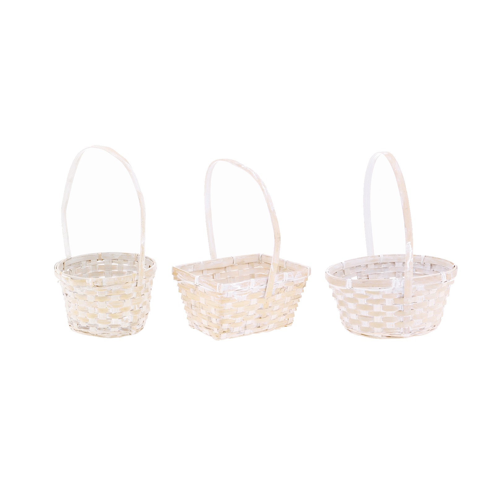 White Wash Bamboo Basket W/ Handle 6" (Pack Of 3 Assorted)            